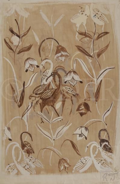 null Raoul DUFY (1877-1953)
Fleurs et échassier (projet de tissu pour Bianchini Férier)
Gouache.
Porte...