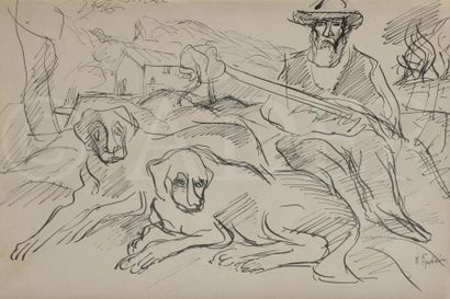 null Henri EPSTEIN (1892-1944)
Chasseur et ses deux chiens
Plume et encre de Chine...