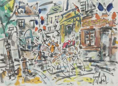 null GEN-PAUL (1895-1975)
Deux cyclistes sur la Place du Tertre à Montmartre le 14...
