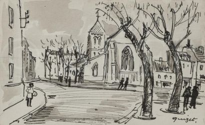 null Alphonse-Léon QUIZET (1885-1955)
Place de l’église
Encre de chine.
Signé en...