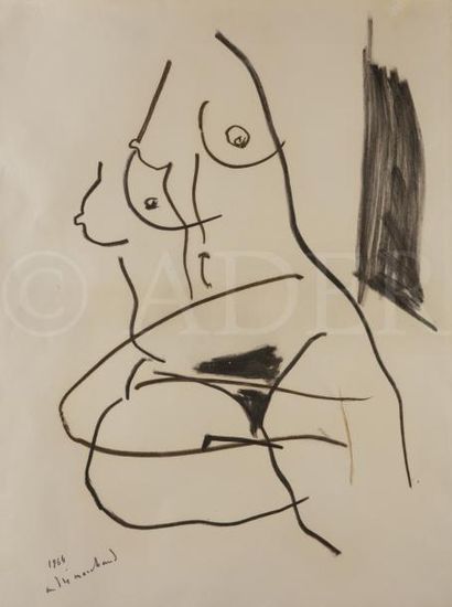null André MARCHAND (1907-1997)
Femme assise en buste, 1964
Fusain et crayon brun...