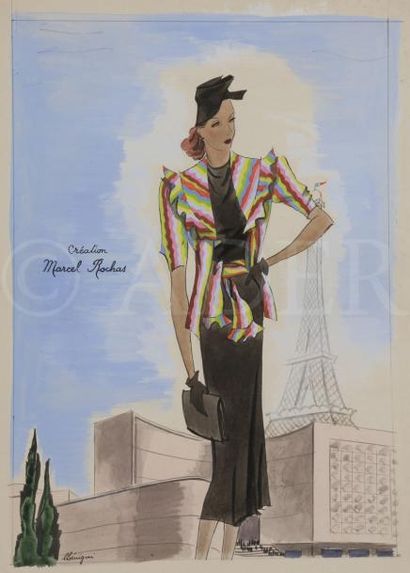 null Léon BENIGNI (1892-1948)
Robe en crêpe noir par Marcel Rochas
Gouache.
Signée...