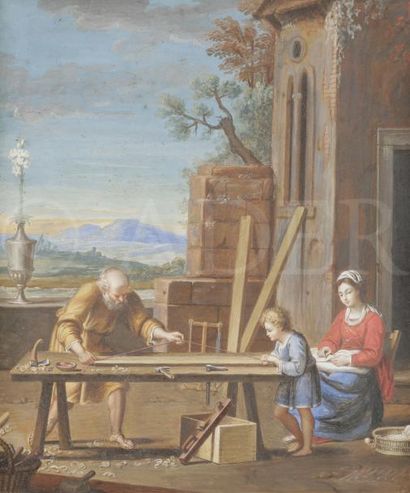 null ÉCOLE FRANÇAISE du XVIIe siècle
Saint Joseph charpentier avec Jésus et la Vierge
Gouache...