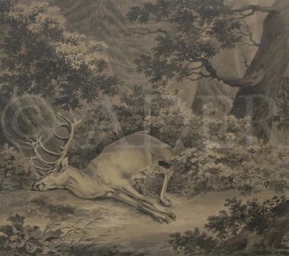 null ÉCOLE FRANÇAISE vers 1800
Cerf couché dans un paysage boisé
Lavis gris.
Porte...
