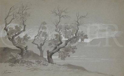 null Antoine-Claude PONTHUS-CINIER 
(1812-1885)
Arbres et lac dans un paysage de...