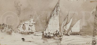 null Eugène ISABEY (1803-1886)
Marine
Plume, encre brune et lavis brun.
Monogrammé...