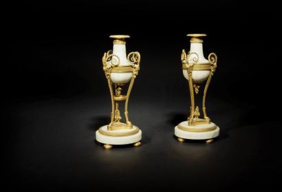 null Paire de vases d’ornement en athénienne, en marbre blanc et bronze doré, à décor...