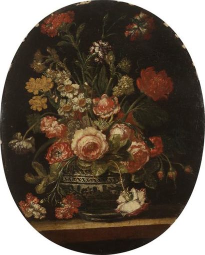 null École HOLLANDAISE, 1700
Bouquet de fleurs dans un vase en faïence de Delft
Toile...