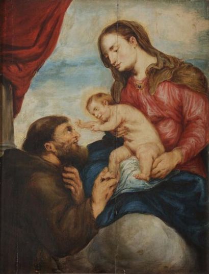 null École ANVERSOISE du XVIIe siècle 
La Vierge à l’Enfant avec Saint François 
Panneau...