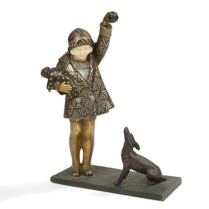 null André-Vincent BECQUEREL (1893-1981)
Fillette au chien 
Sculpture chryséléphantine....