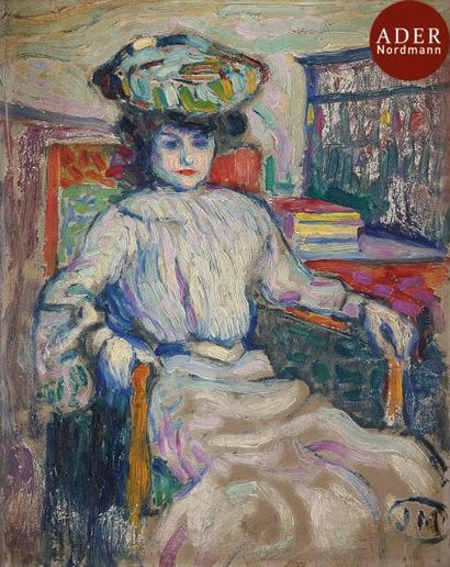 null Jean METZINGER (1883-1956)
Femme assise, vers 1906
Huile sur carton.
Monogrammée...