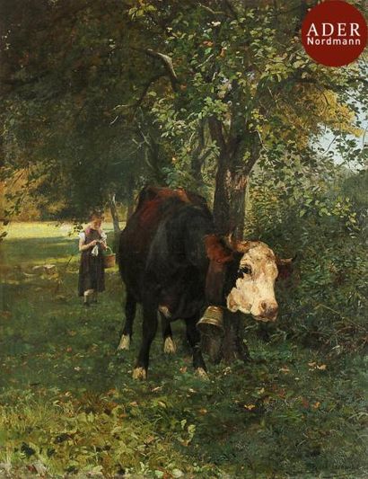 null Eugène GIRARDET (1853-1907)
Fillette et sa vache
Huile sur toile.
Signée en...