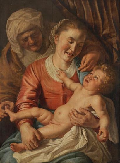 null École FLAMANDE vers 1640, entourage de Jacob JORDAENS
La Vierge à l’Enfant et...