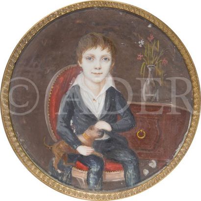 null Enfant et son petit chien (doguin), vu aux trois quarts, assis dans un intérieur...