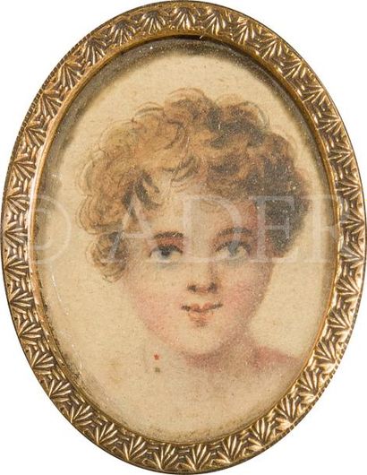 null Tête d’enfant blond 
Petite miniature à la gouache sur vélin, XIXe siècle, ovale,...