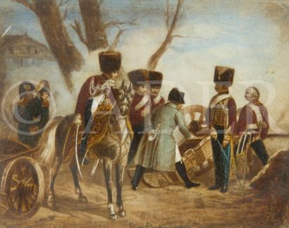 null Napoléon à Montereau en 1814, visitant le 18 février les artilleurs et leur...