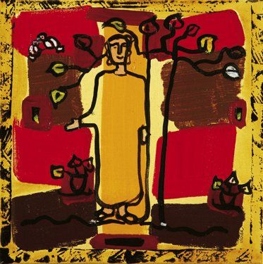 Catherine VIGIER (Née en 1951) Femme arbre de vie jaune Technique mixte sur toile....