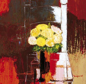 André VIGUD (Né en 1939) Roses à la chaise Huile sur toile. Signée en bas à droite....