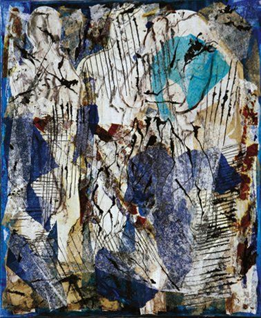 Marianne BLECH (Née en 1958) Au bleu Huile et collage sur toile. Monogrammée en bas...