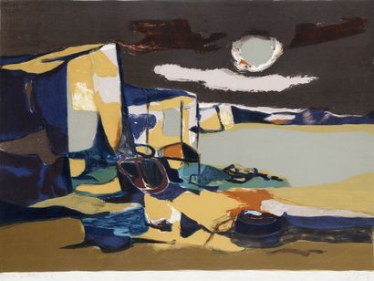 Marcel MOULY (1918-2008) Bateaux sur la plage Lithographie. Epreuve d'artiste. Signée...