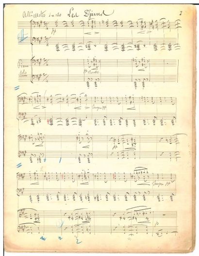 César FRANCK Manuscrit musical autographe signé, Les Djinns ; titre et 38 pages in-fol....