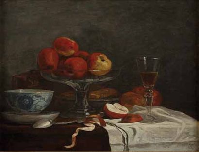 Eugène BOUDIN (1824-1898) Nature morte à la pomme, tasse, cuillère et verre à vin,...
