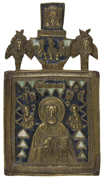 null Ensemble de 3 ICÔNES et CROIX en bronze. XIXe siècle
- Icône du Christ, Ange...