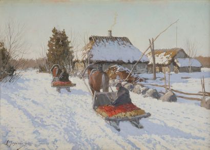 null André Afanassievitch JEGOROV (1878-1954)
Traîneaux dans un paysage de neige
Gouache...
