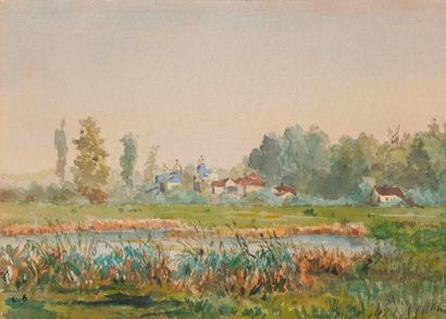 null Sergueï Ivanovitch VASSILKOVSKY (1854-1917)
Village au bord d'un étang
Aquarelle.
Monogrammée...