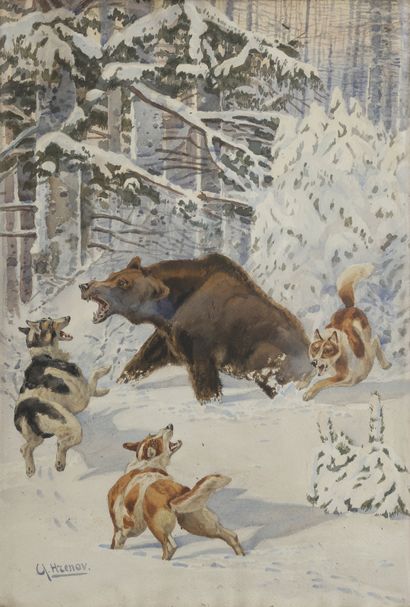 null Alexandre Sergeïevitch HRENOV (1860-1926)
Chasse à l'ours
Gouache.
Signée en...