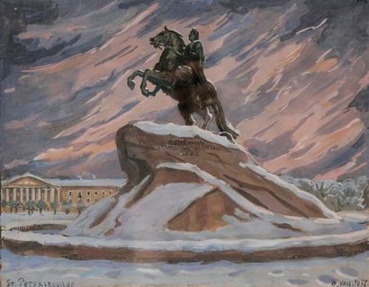 null Boris VASSILOFF (1906-2000)
Le cavalier de bronze. Saint-Pétersbourg
Gouache.
Signée...