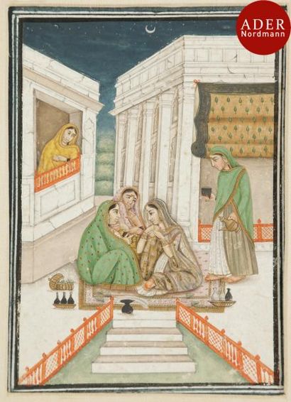 null Deux miniatures indiennes, trois jeunes femmes en conversation sur une terrasse,...