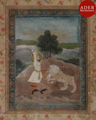 null Scène de chasse au tigre dans un paysage, Inde du nord moghole, XIXe siècle
Gouache...