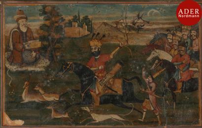 null Roi qâjâr à la chasse, Iran, XIXe siècle 
Gouache sur papier. Le roi à cheval...