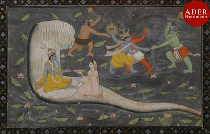null Vishnu allongé sur le serpent d’éternité Shesha, Inde du nord, Haut Penjab,...