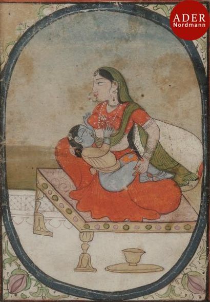 null Yaçoda allaitant Krishna enfant, Inde du Haut Pendjab, Kangra, XIXe siècle
Gouache...
