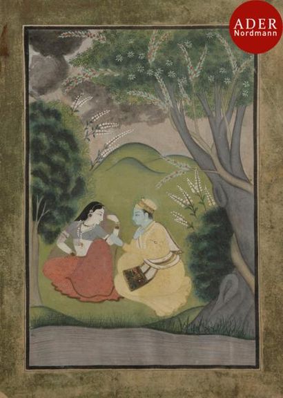 null Krishna et Radha assis dans un paysage boisé, Inde du Haut Pendjab, Kangra,...