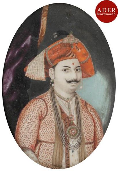 null Portrait de raja au turban rouge, Inde du nord, période Raj, seconde moitié...