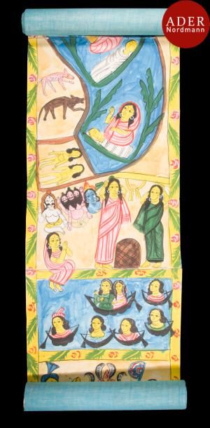 null Rouleau, patachîtra, illustrant la vie de la déesse Manasa, Bengale, première...