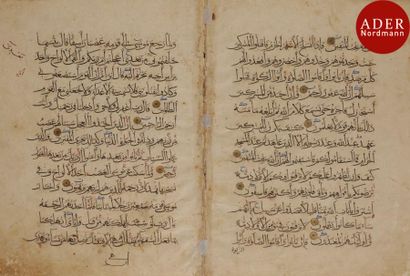 Deux folios de Coran mamelouk, Proche-Orient,...