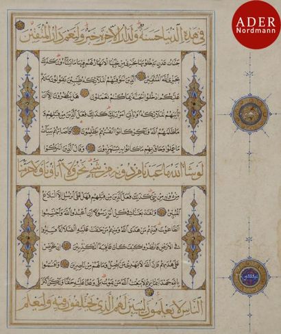  Deux folios de Coran, Iran, probablement Herat, XVe siècle Texte en arabe sur papier...