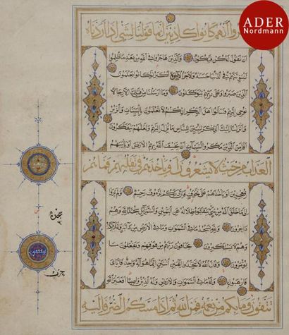  Deux folios de Coran, Iran, probablement Herat, XVe siècle Texte en arabe sur papier...