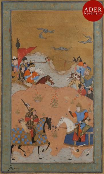 null Combat de cavaliers, Iran, XVIe siècle
Gouache à rehauts d’or montée sur page...