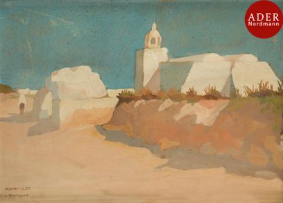 null J. E. BERNARD (XXe siècle)
Zaouïa djerbienne, Tunisie, 1939
Gouache sur carton.
Signée,...