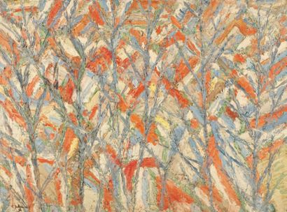 Claude JOUHANNEAU Paysage aux arbres, 1967. Huile sur toile. Signée et datée en bas...
