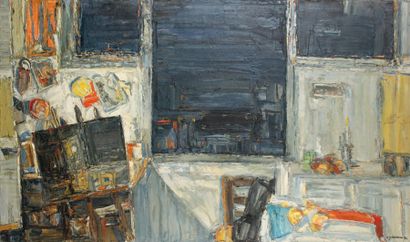 Claude JOUHANNEAU Intérieur au chevalet, 1976. Huile et sable sur toile. Signée et...