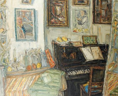 Claude JOUHANNEAU Intérieur au piano, 1976. Huile et sable sur toile. Signée et datée...