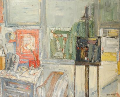 Claude JOUHANNEAU Intérieur au chevalet, 1976. Huile et sable sur toile. Signée et...