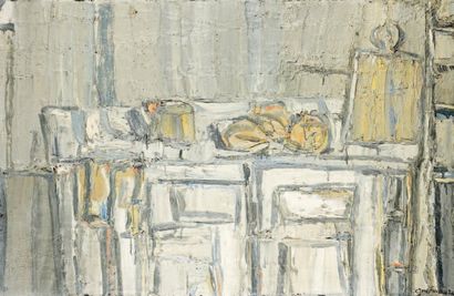 Claude JOUHANNEAU Le buffet blanc, 1976. Huile et sable sur toile. Signée et datée...