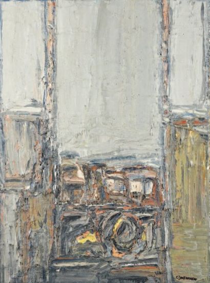 Claude JOUHANNEAU Atelier à la fenêtre, circa 1976. Huile et sable sur toile. Signée...